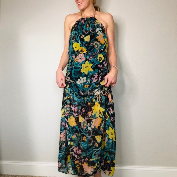 Zara Dresses & Skirts - Zara Black Floral Halter Maxi Ruffle Dress